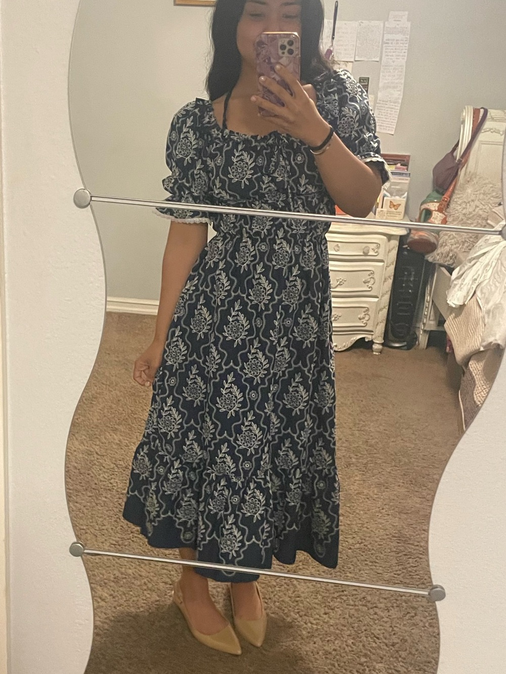 Western Navy Puff-Sleeve Midi Dress with White Floral embroidery
